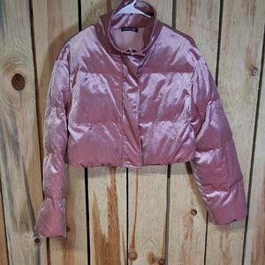 Womens Shein Bae Zipper Front Velvet Puffer Cropped Jacket Size M Pink